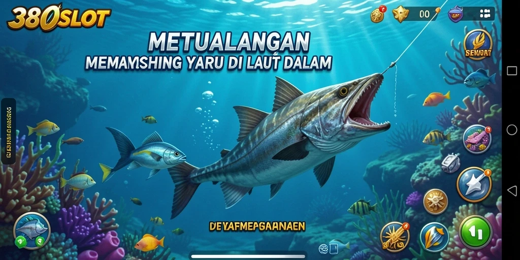 Gameplay 380SLOT menampilkan aksi memancing seru di laut.