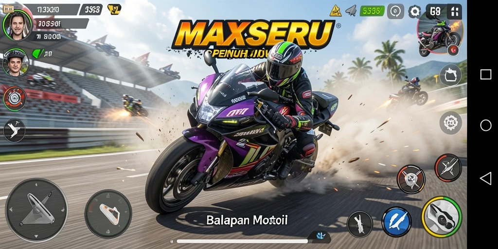 Tangkapan layar gameplay dari MAXSERU menunjukkan balapan motor yang mendebarkan.