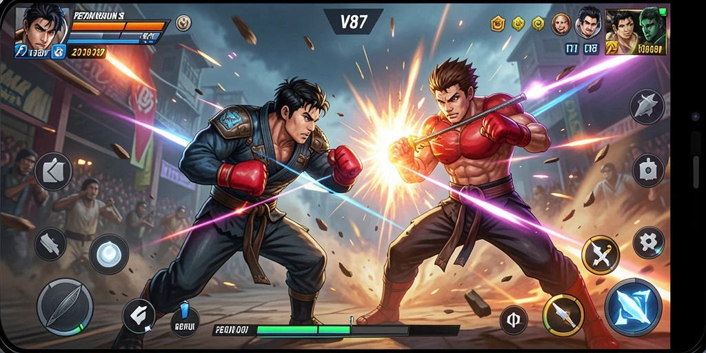 Tampilan gameplay V87 yang intens dalam pertarungan.